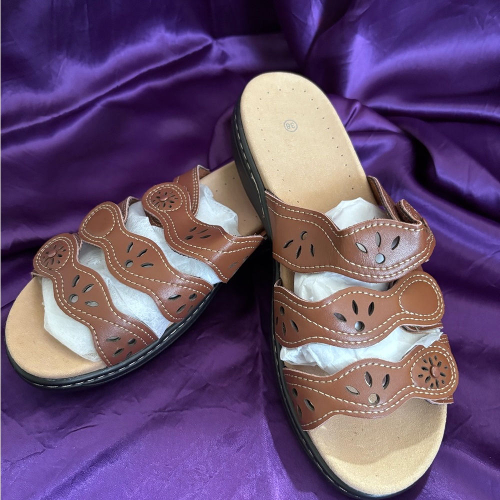Comfort Leather Slide Sandals - Brown
